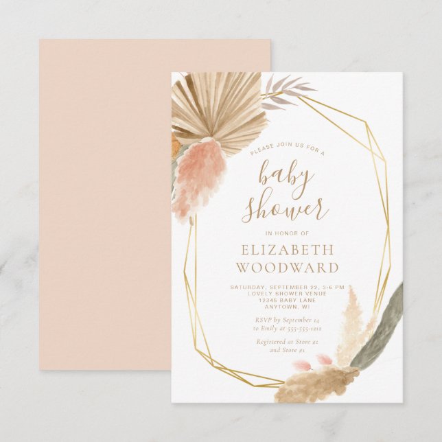 Invitación Chic Boho Fiesta de Bebé Marco Dorado Pampas Grass (Anverso / Reverso)