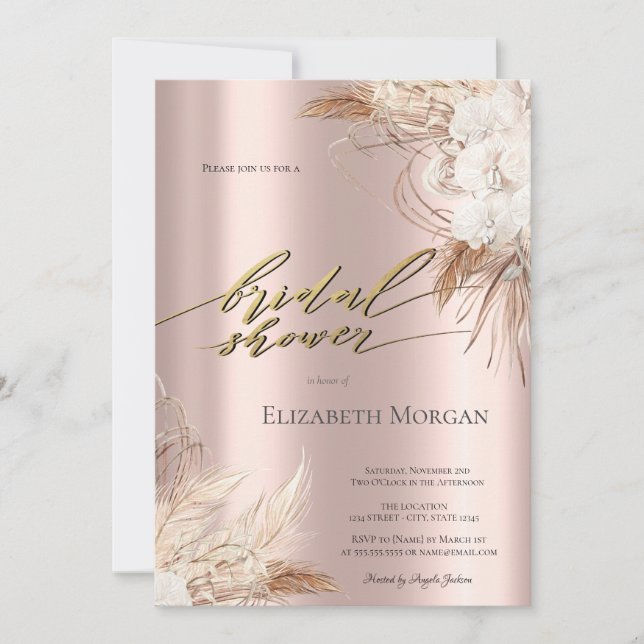 Invitación Chic Boho Flores Rosa Dorado Lluvia de Boda (Anverso)