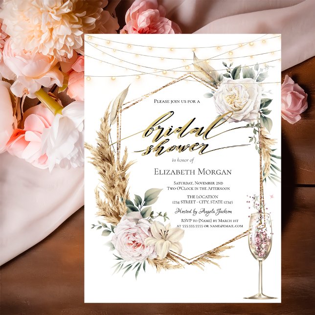 Invitación Chic Boho Flores Rosa Dorado Lluvia de Boda (Subido por el creador)