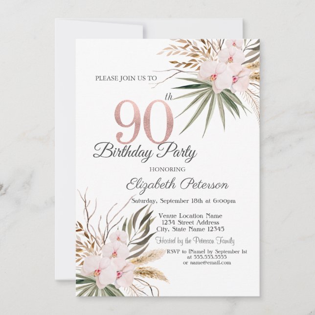Invitación Chic Boho Flowers 90th Birthday (Anverso)