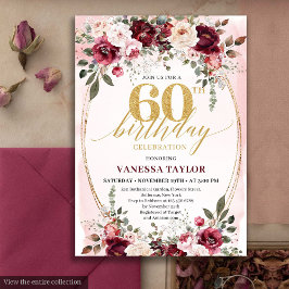 Invitación Chic Boho Maroon Gold Floral 60th Birthday Invite