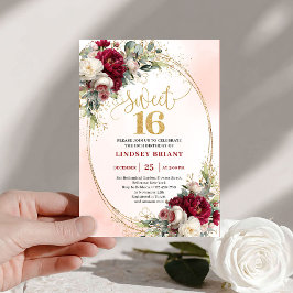 Invitación Chic boho marsala gold floral sweet sixteen party 