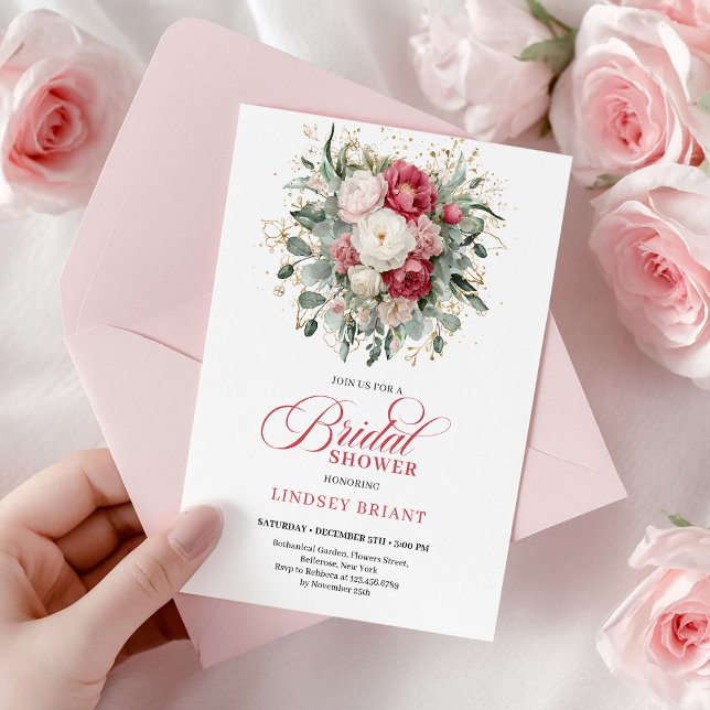 Invitación Chic Boho Rojo Blanco Rosas Ducha Nupcial  (Chic Bohemian Red White Gold Roses Bridal Shower Invite

)