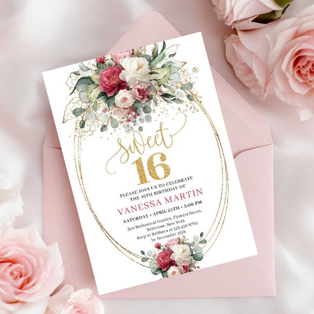 Invitación Chic Boho Rojo Borgoña Verde Cumpleaños Dulces 16 (Chic Red Burgundy Greenery Sweet 16 Birthday Invitation)
