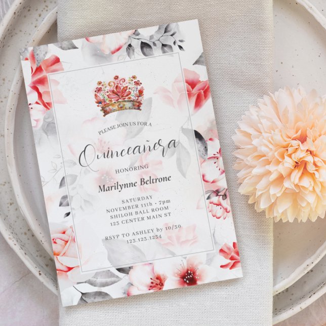 Invitación Chic Boho Rojo Floral Quinceañera (Subido por el creador)