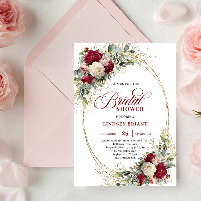 Invitación Chic Boho Rojo Flores Blancas Ducha Nupcial (Chic Bohemian Red White Flowers Gold Bridal Shower)