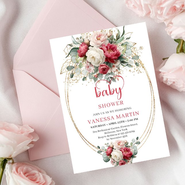 Invitación Chic Boho Rojo Rubí Blanco Oro Floral Bebé (Chic Bohemian Ruby Red White Gold Floral Baby Invite)