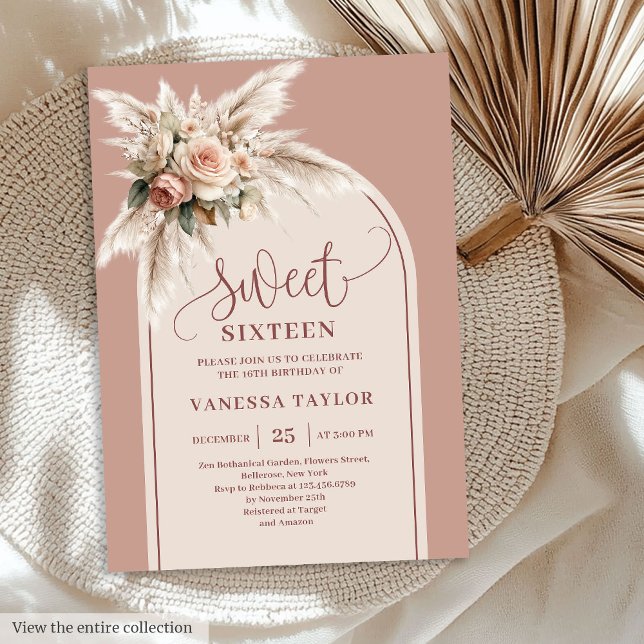 Invitación Chic Boho Rosa Polvorienta Pampas Floral Arco Diec (Chic Boho Dusty Rose Pampas Floral Arch Sixteen

)