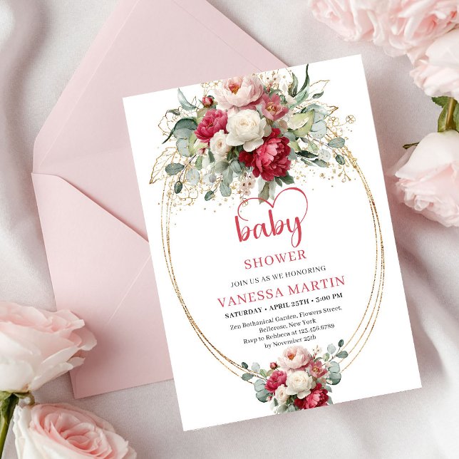 Invitación Chic Boho Rubí Rojo Rubor Verde Jardín de Bebé (Chic Boho Ruby Red Blush Greenery Baby Shower)