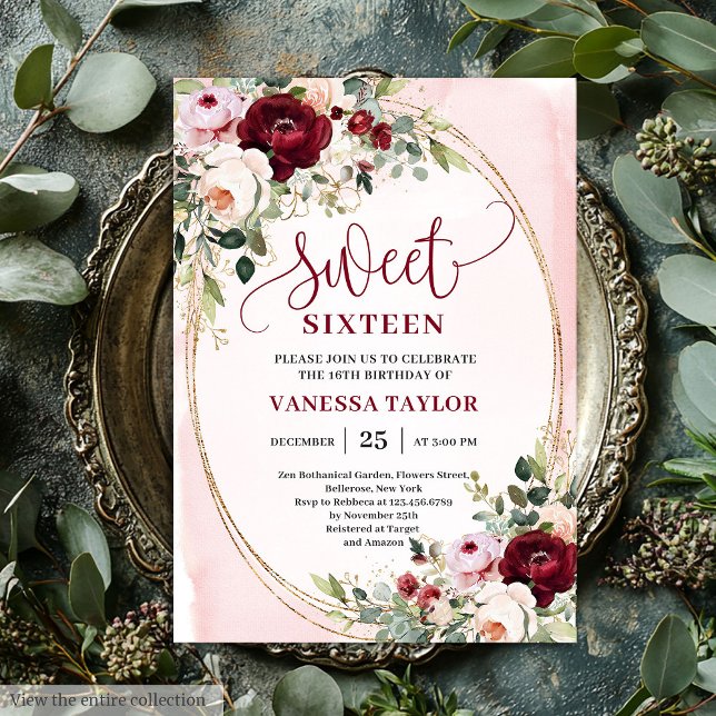 Invitación Chic Boho Rubor Rosa Borgoña Sweet 16 (Chic Blush Burgundy Rose Sweet 16 Invitation)