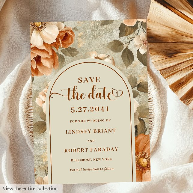 Invitación Chic Boho Terracota Beige Floral Ahorra la Fecha (Chic Boho Terra Cotta Beige Floral Save The Date)