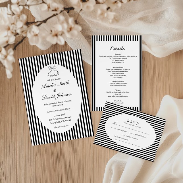 Invitación Chic Bow Minimalist Stripe Black White wedding (Subido por el creador)