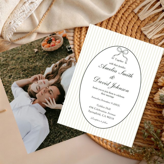 Invitación Chic Bow Minimalist Stripe Green Wedding  (Subido por el creador)