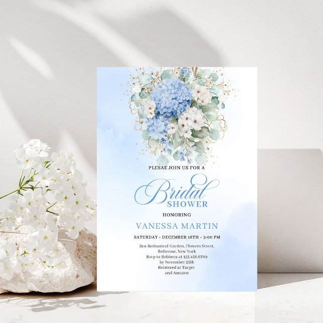 Invitación Chic Bridal Shower Blue Hydrangeas Gold Invitation (Chic Bridal Shower Blue Hydrangeas Gold Invitation)