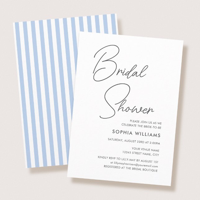 Invitación Chic Bridal Shower Modern Script Blue Stripes (Subido por el creador)