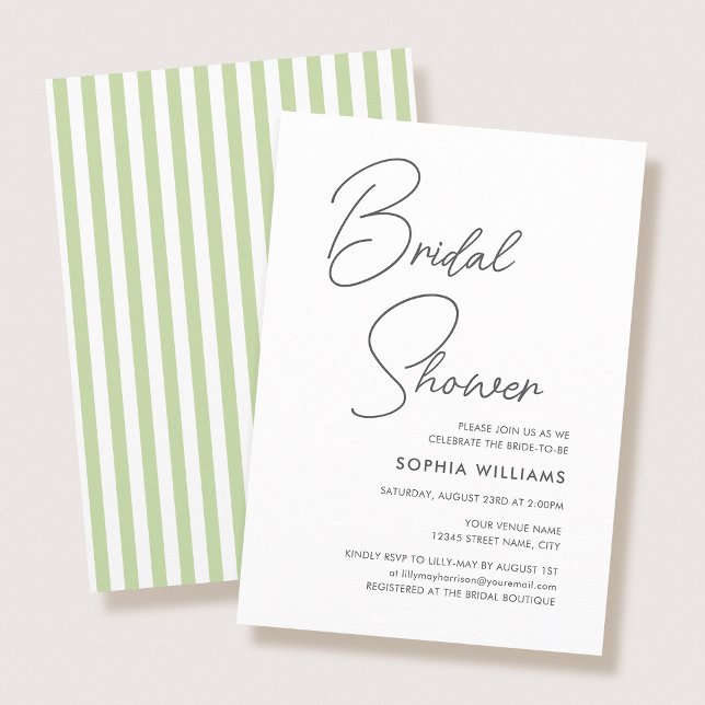 Invitación Chic Bridal Shower Modern Script Green Stripes (Subido por el creador)