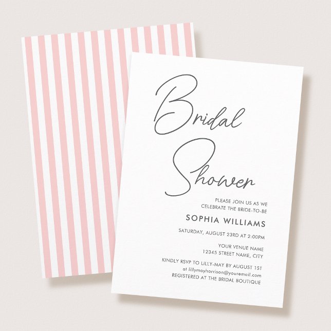 Invitación Chic Bridal Shower Modern Script Pink Stripes (Subido por el creador)