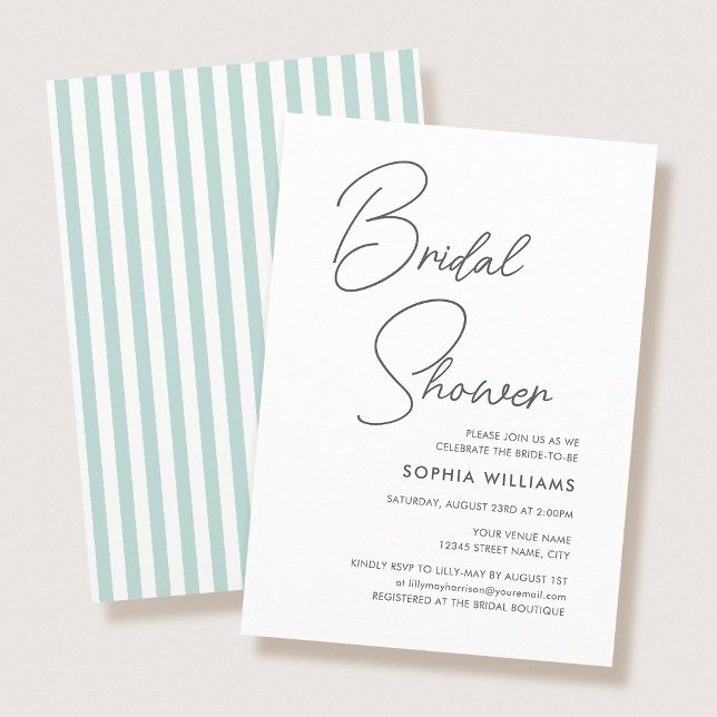 Invitación Chic Bridal Shower Modern Script Teal Stripes (Subido por el creador)