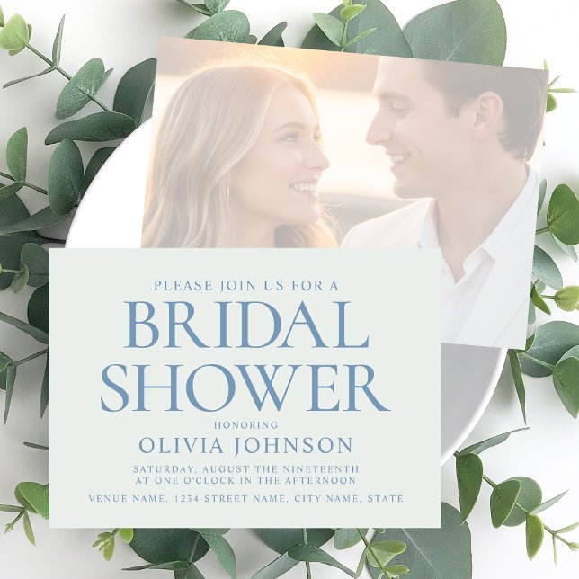 Invitación Chic Bridal Shower Photo Typography Pale Blue (Subido por el creador)