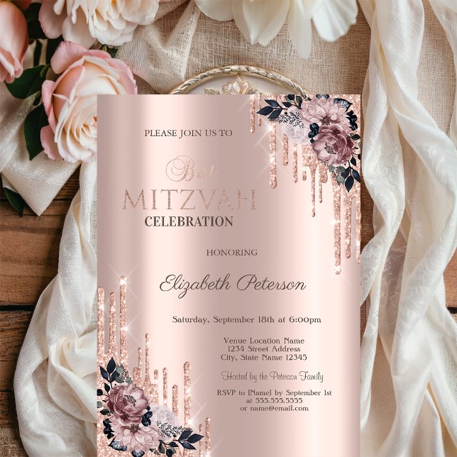 Invitación Chic Brillo Flores de gotas Rosa Dorado Bat Mitzva (Subido por el creador)