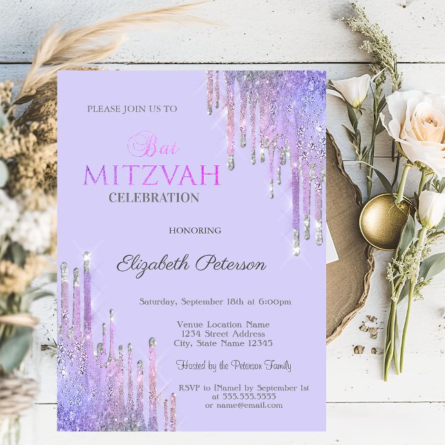 Invitación Chic Brillo Morado Gotea Lavanda Bat Mitzvah   (Subido por el creador)