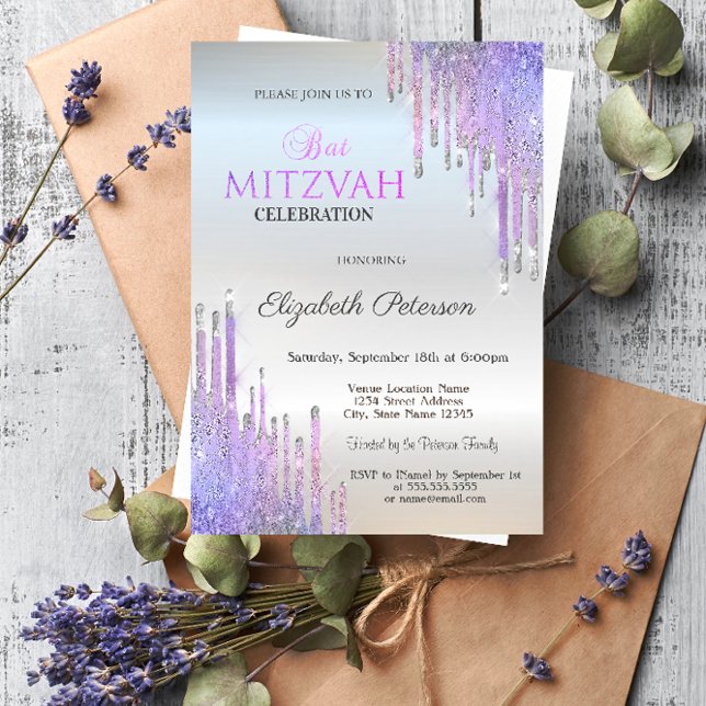 Invitación Chic Brillo Morado Gotea Plata Bat Mitzvah   (Subido por el creador)