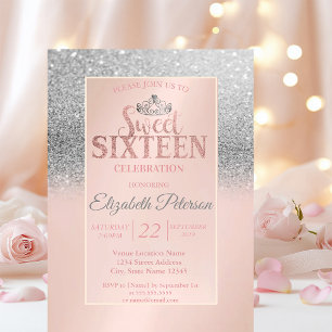 Invitación Chic Brillo Plateado Bokeh, Tiara Dulce Fiesta 16