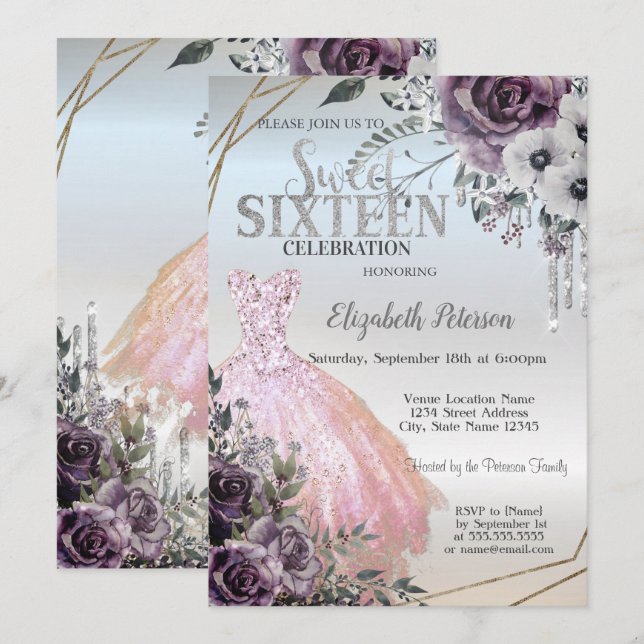 Invitación Chic Brillos Gotea, Flores de Vestido Dulces 16 (Anverso / Reverso)