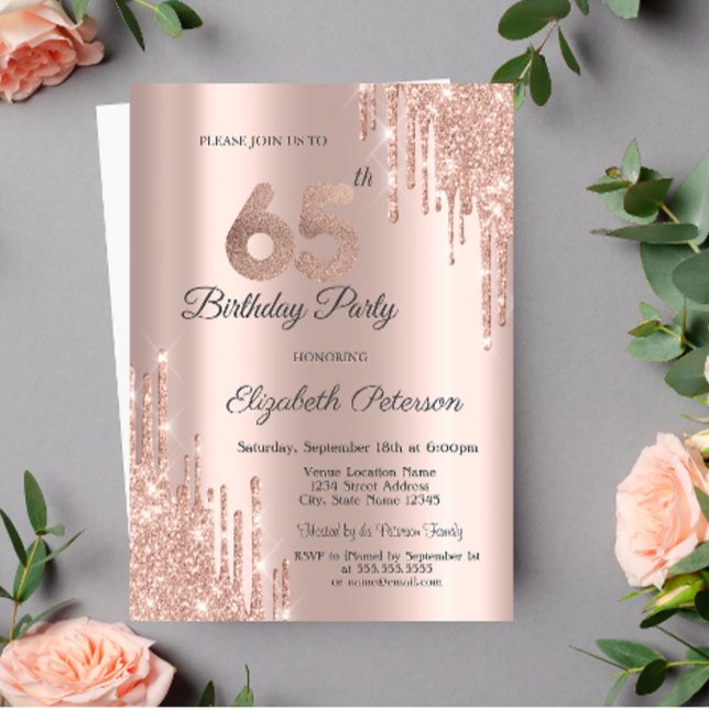 Invitación Chic Brillos Goteos Rosa Dorado Cumpleaños 65  (Subido por el creador)