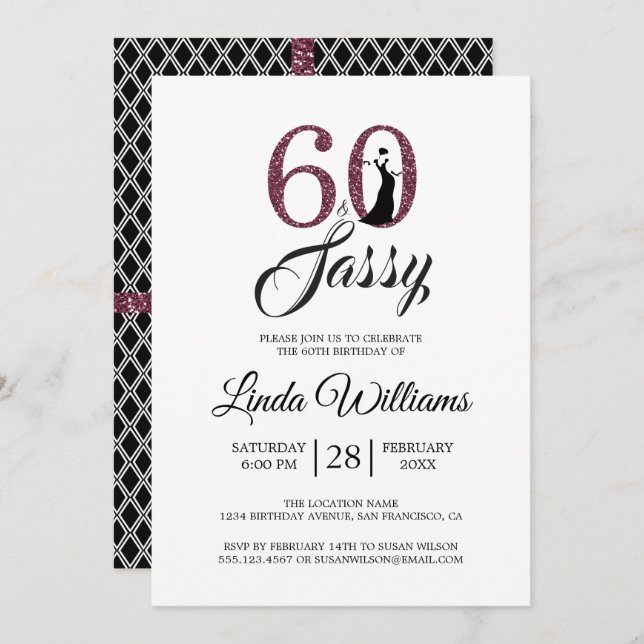 Invitación Chic Burgundy 60 y Sassy | Fiesta de cumpleaños 60 (Anverso / Reverso)