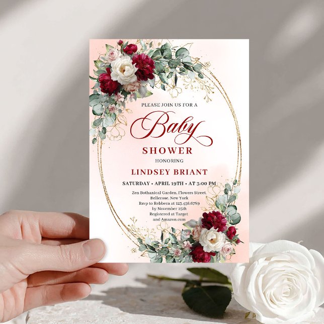 Invitación Chic Burgundy and Gold Boho Baby Shower Invite (Chic Burgundy and Gold Boho Baby Shower Invite)