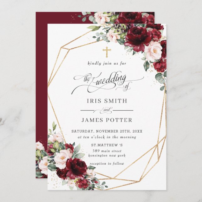 Invitación Chic Burgundy Blush Pink Floral Church Wedding   (Anverso / Reverso)
