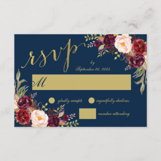 Invitación Chic Burgundy Floral Azul Marino Dorado RSVP Boda