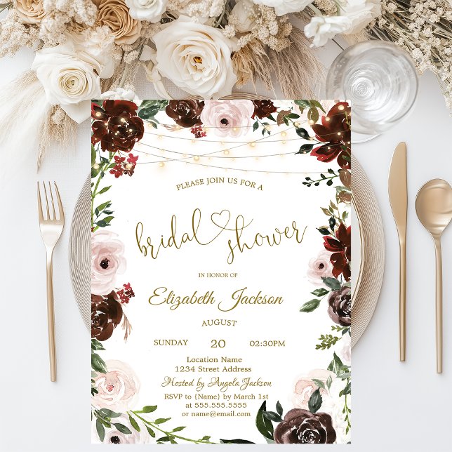 Invitación Chic Burgundy Flowers String Lights Bridal Shower (Subido por el creador)