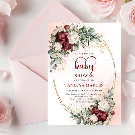 Invitación Chic Burgundy Gold Heart-Shaped Font Baby Shower 