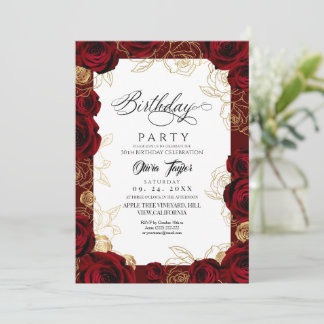 Invitación Chic Burgundy Gold Rose Birthday Invitation
