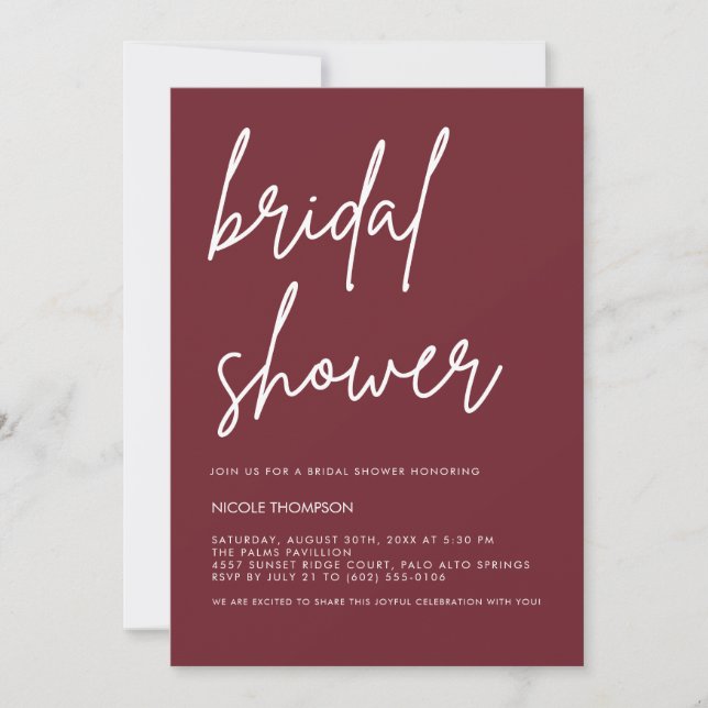 Invitación Chic Burgundy Modern Bridal Shower Invitation  (Anverso)