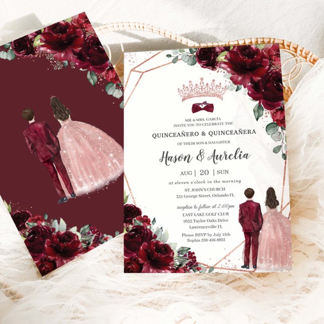 Invitación Chic Burgundy Rose Gold Twins Boy Girl Quinceanera (Subido por el creador)