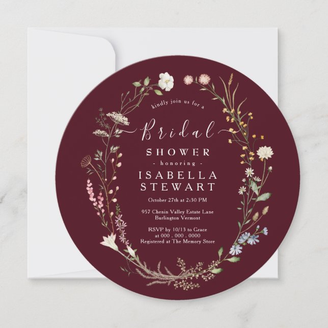 Invitación Chic Burgundy Salvaje Boho de Flores Silvestres Du (Anverso)