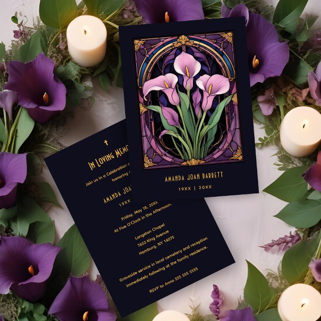 Invitación Chic Callas Bouquet Purple Shades Stained Glass (Romantic Callas Bouquet in Purple Shades Stained Glass Effect Funeral Invitations Cards.)