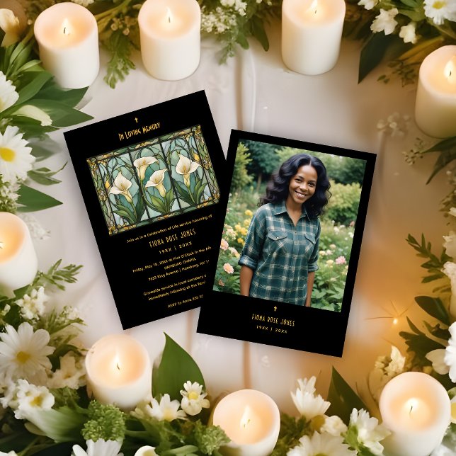 Invitación Chic Callas White Bouquet Stained Glass Photo (Romantic Callas Bouquet in White & Green Shades Stained Glass Effect Photo Funeral Invitations Cards)