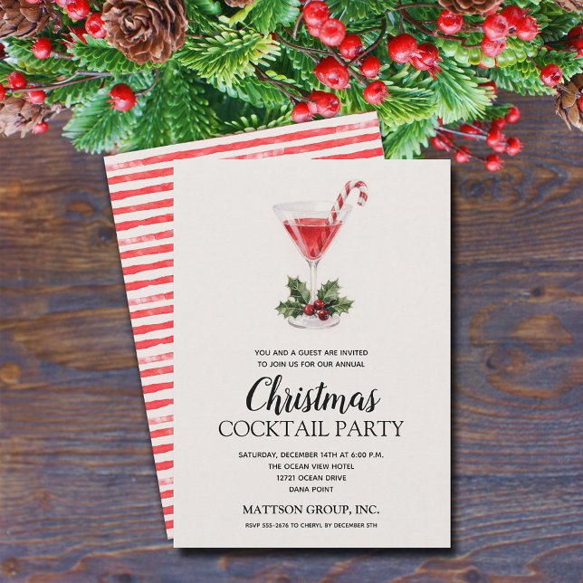 Invitación Chic Candy Cane Martini Christmas Cocktail Party (Chic candy cane, holly and berries Christmas martini cocktail party invitations)