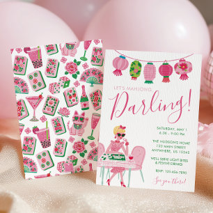 Invitación Chic Caprichoso Rosa y Verde Fiesta de Mahjong