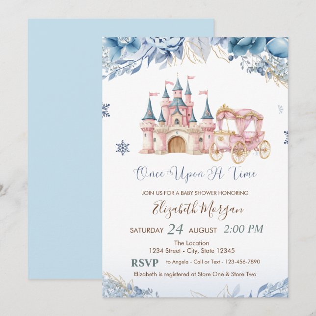 Invitación Chic Castle,Carriage Blue Flowers Baby Shower (Anverso / Reverso)