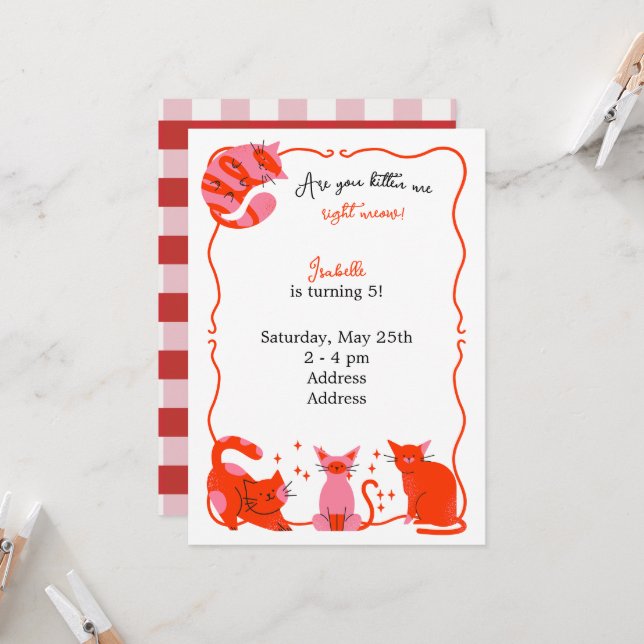 Invitación Chic Cat Kids Birthday Party (Anverso/Reverso In Situ)