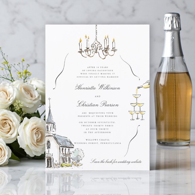 Invitación Chic Chapel Sketch Wedding website QR (Subido por el creador)