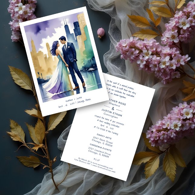 Invitación Chic Chicago Iconic Building Colorful Cityscape (Cute Chicago Iconic Building Colorful Cityscape Wedding Couple Illustration Invitations Cards.)