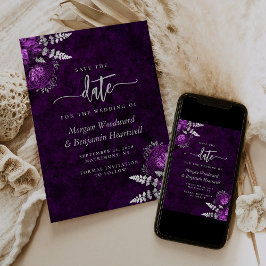 Invitación Chic Ciruela Plateado Floral Boda Guardar la Fecha