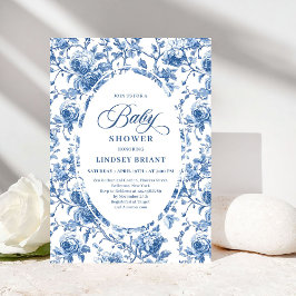 Invitación Chic Classic Blue Toile de Jouy Floral Baby Shower