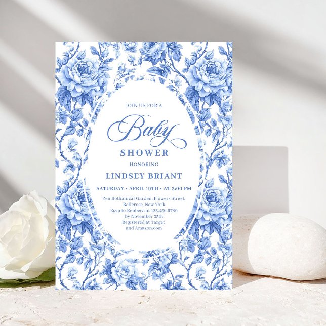Invitación Chic Classic French Toile de Jouy Navy Baby Shower (Classic French Toile de Jouy Navy Baby Shower Invite)